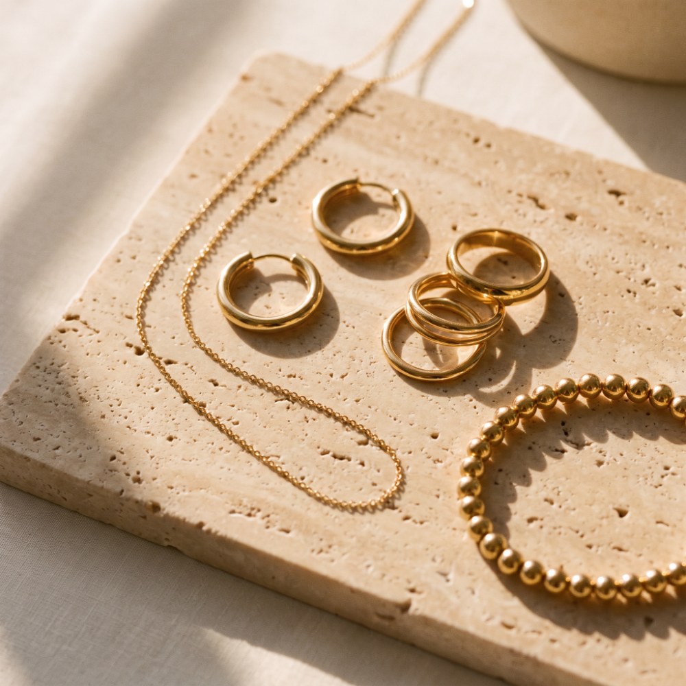 Gold jewelry flat lay on travertine
