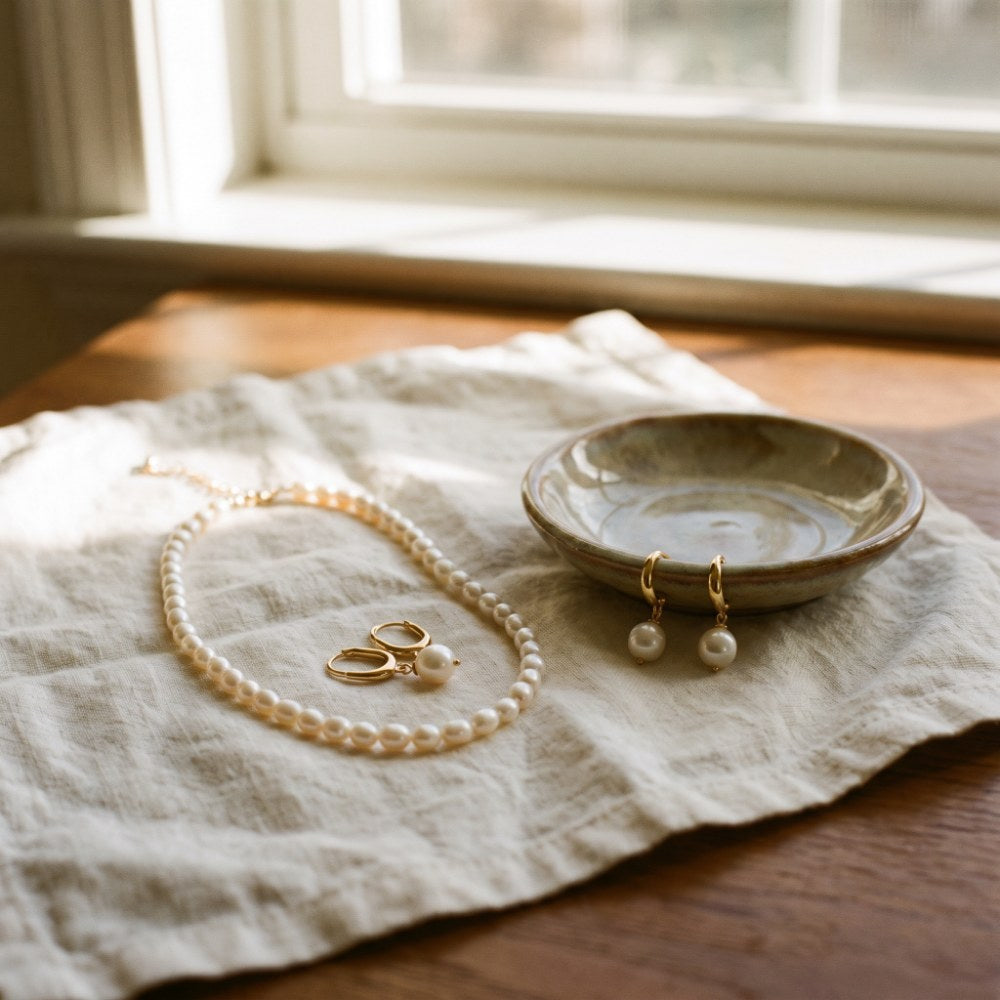 Pearl necklace and pearl drop earrings