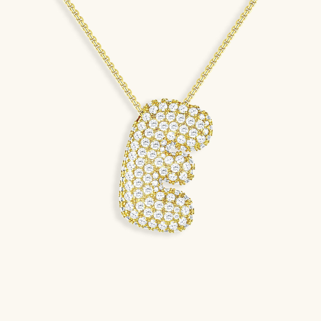 Hailey Bubble Initial Necklace in gold, letter E