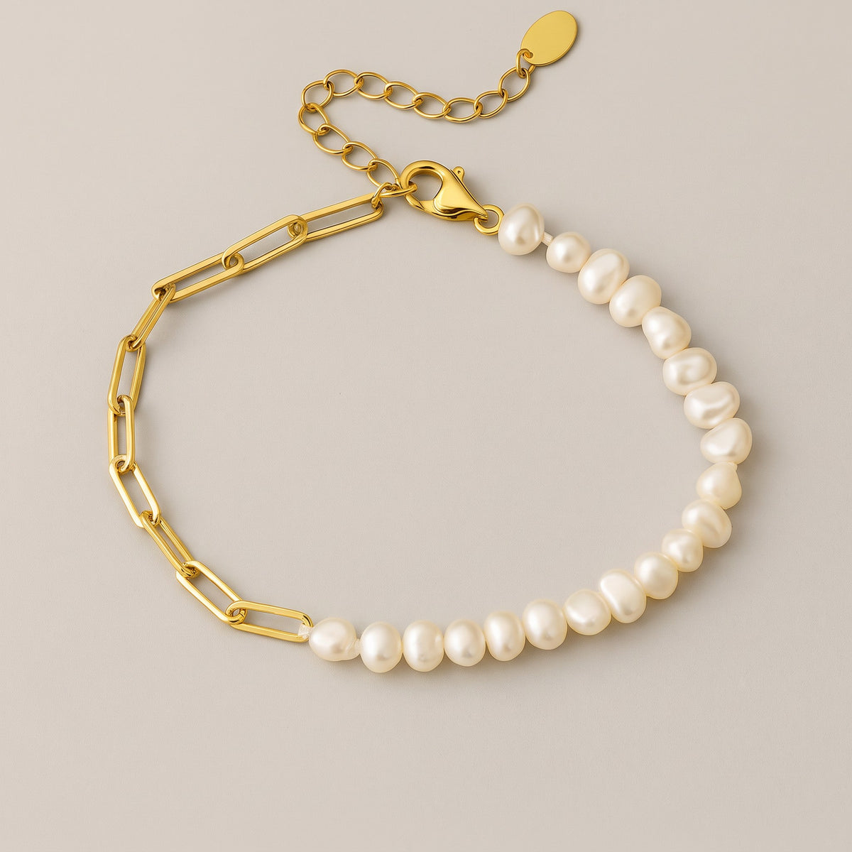 Rhoni Paper Clip Pearl Bracelet in gold, half paperclip chain and half freshwater pearls