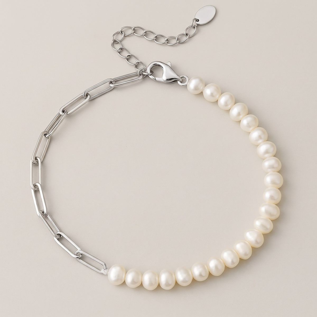Rhoni Paper Clip Pearl Bracelet in silver, half paperclip chain and half freshwater pearls